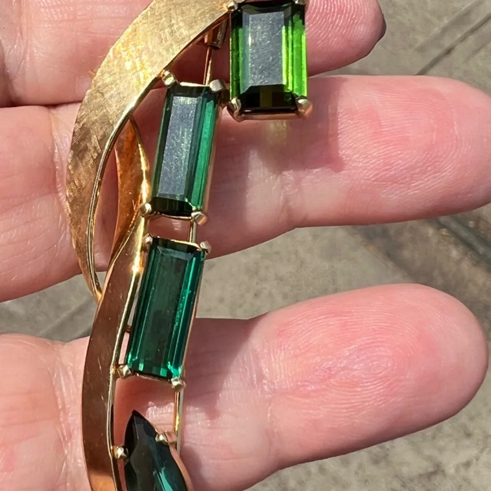 VINTAGE 18K GOLD CUSTOM LARGE GREEN TOURMALINE PIN BROOCH STATEMENT FLORENTINE